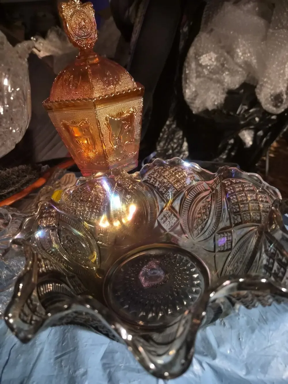 Vintage Imperial Glass Carnival Glass Bowl In The Diamond Ring Pattern With...